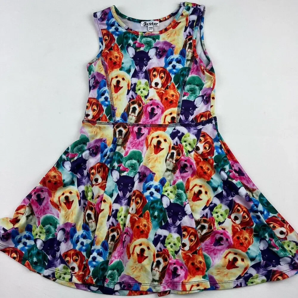 Girls Rainbow Dog Sleeveless Skater Dress JXstar Size 6-7 Years 130 Colorful Pup